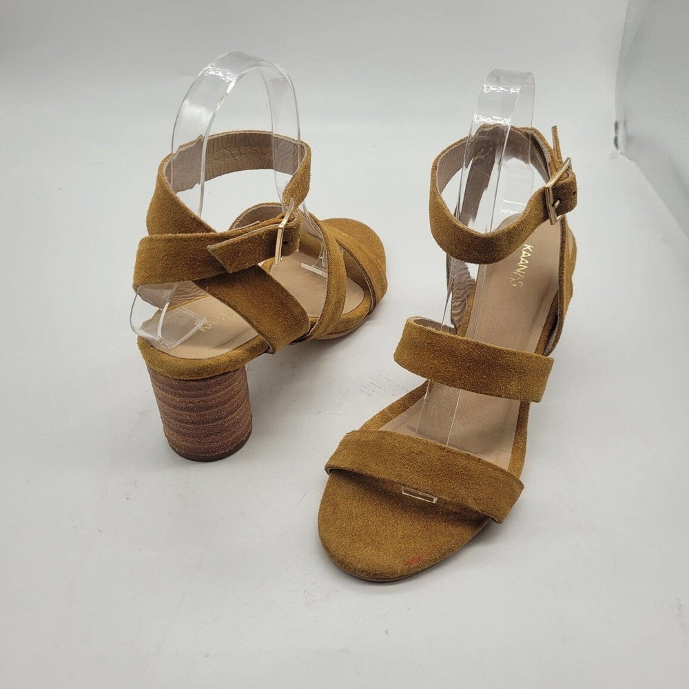 Kaanas Noosa ankle strappy Sandals heels sz 7 mustard yellow Block Heel Suede